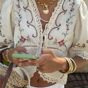 Boho Embroidered Cream Lace-Trim Crop Top